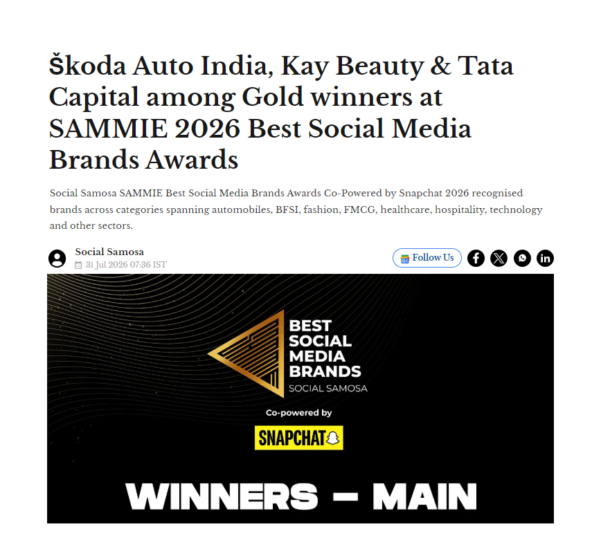 “Best use of Branded Content, Gold” and “Best use of Social Media to launch a product, Gold” at the SAMMIE 2026 Best Social Media Brands Awards for our Octavia RS x Rishab Sharma Campaign.